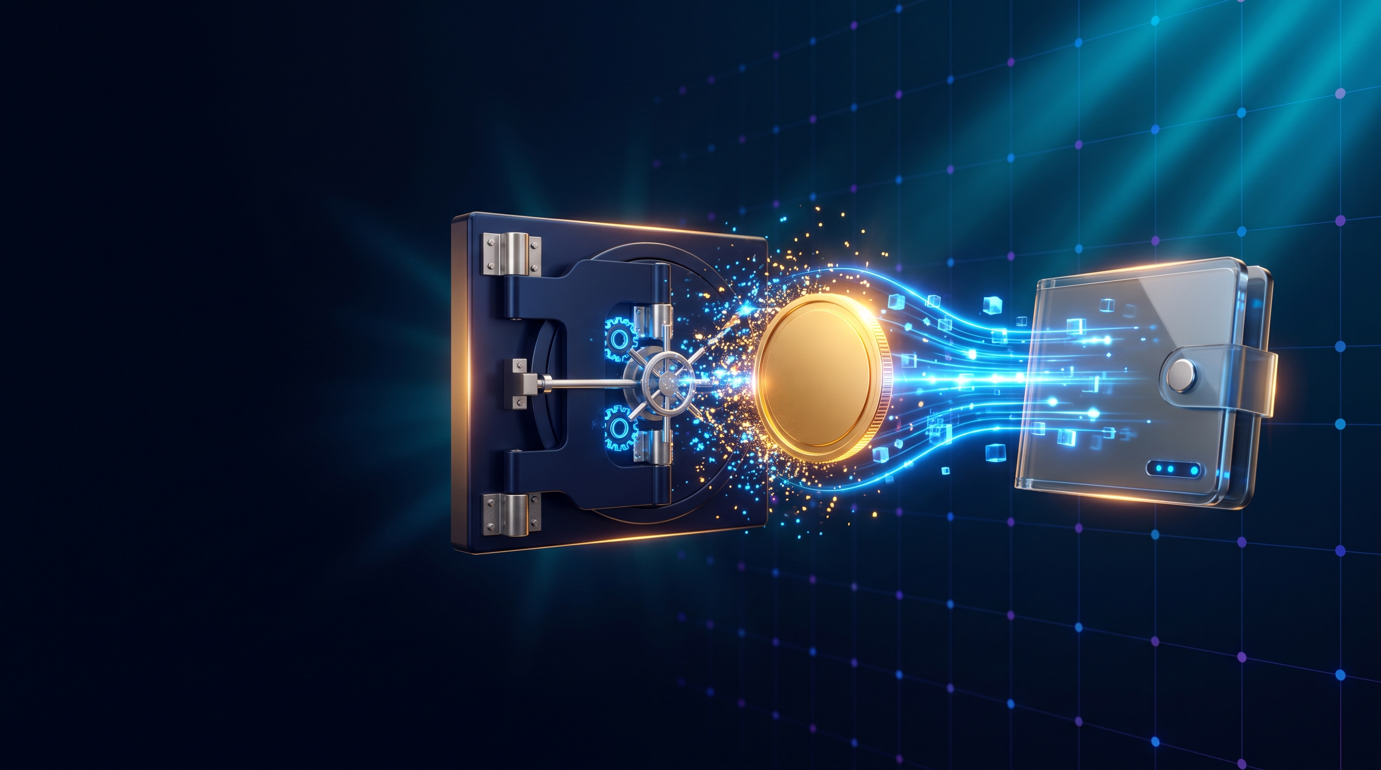 Una moneda dorada que sale de una bóveda de casino por un rastro de datos azul brillante hacia una billetera cripto