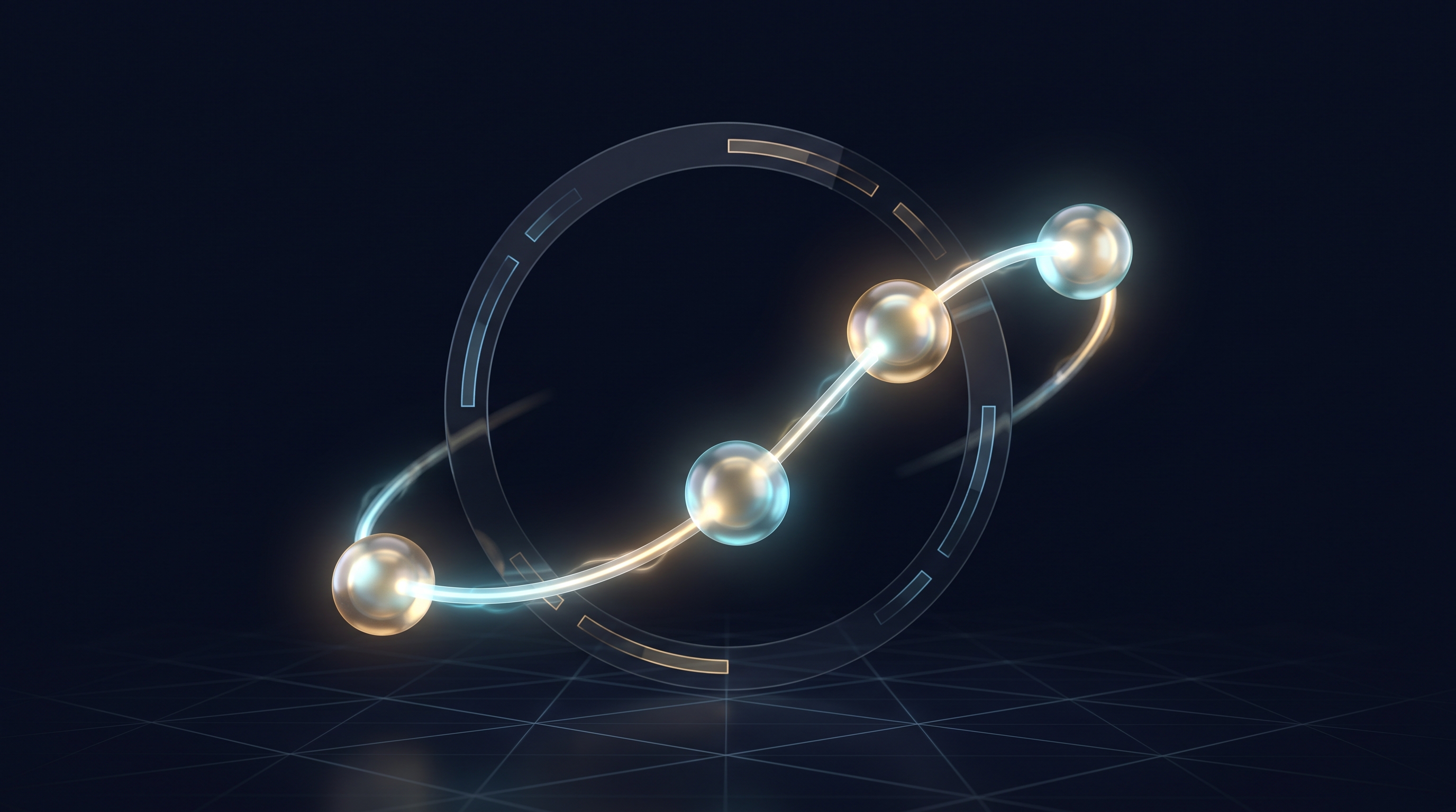 Cuatro nodos luminosos de etapa sobre un rastro de luz con un anillo de cronómetro translúcido detrás